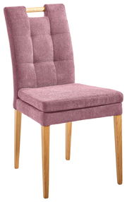 Violetter Stuhl mit gepolsterter Rückenlehne und Sitzfläche, Holzbeine, seitliche Perspektive