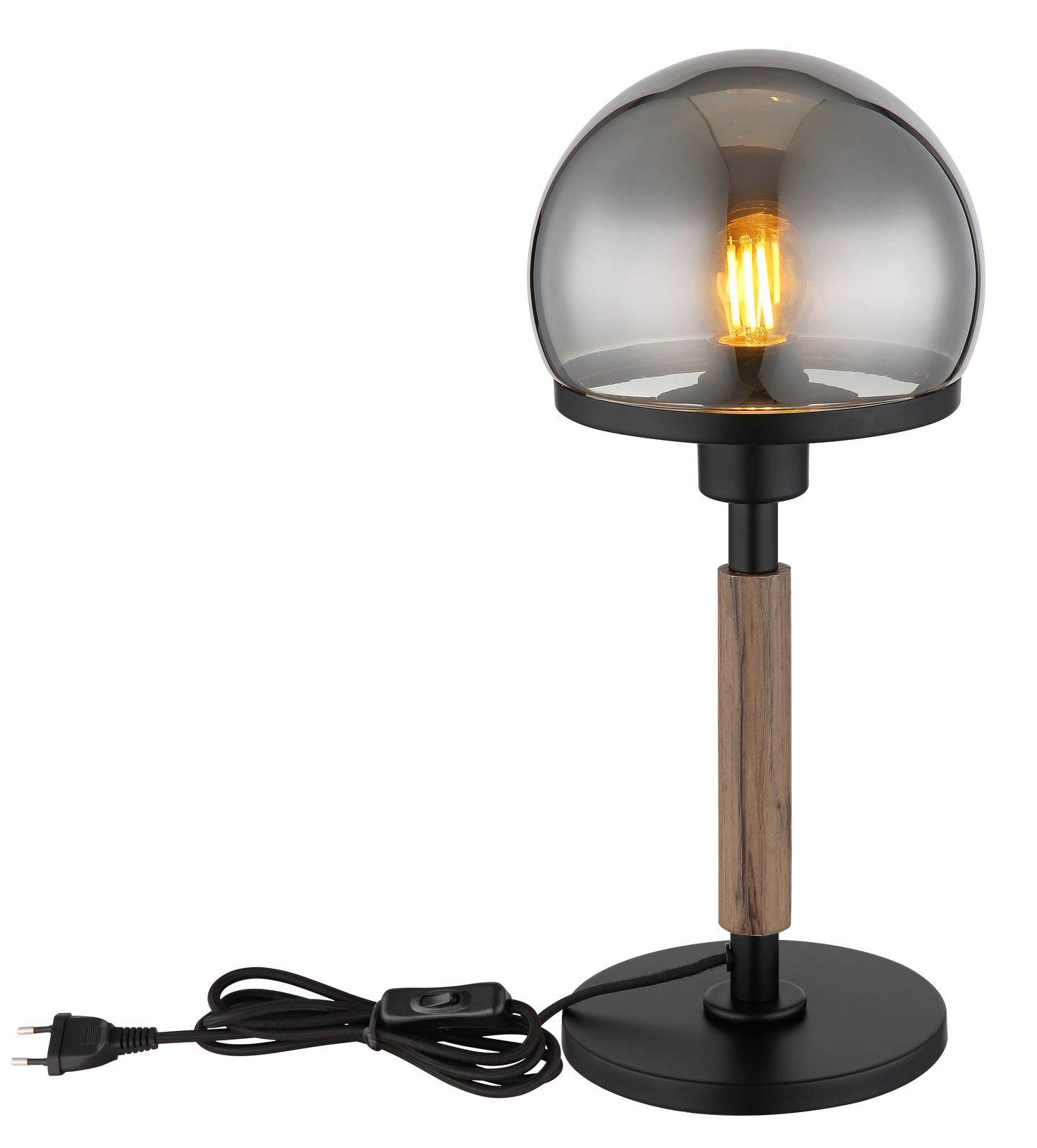Moderne Tischleuchte HAKU mit rauchgrauem Glaskuppelschirm und Holzdetails, seitliche Perspektive