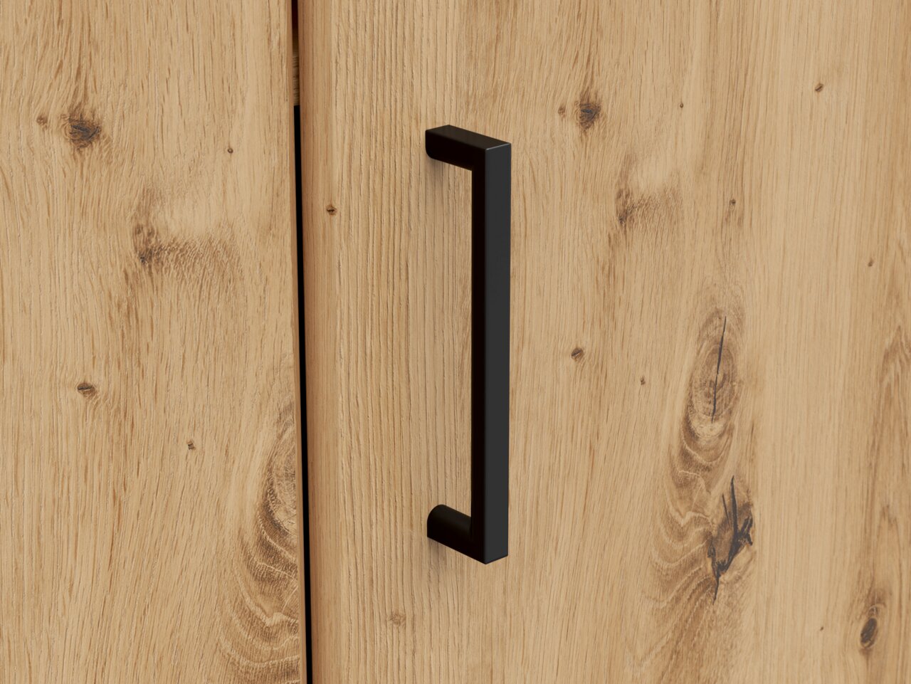 Nahaufnahme einer Holztür mit schwarzem Griff, Perspektive von vorne