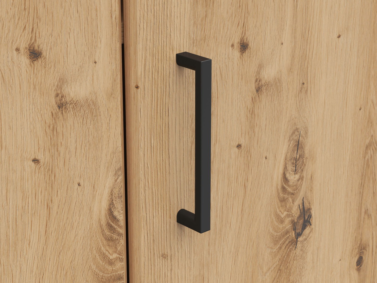 Nahaufnahme einer Holztür mit schwarzem Griff, Perspektive von vorne