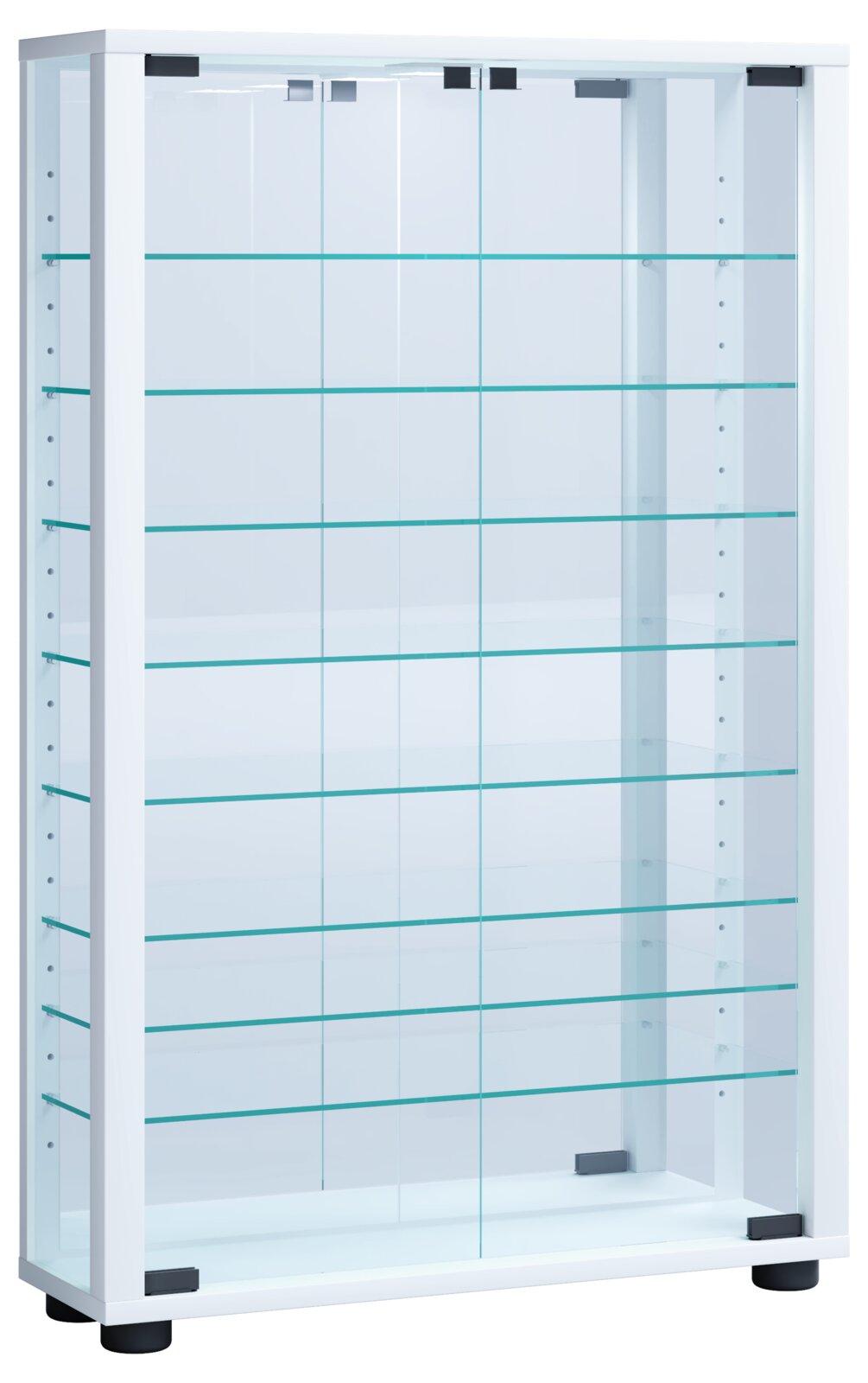 Weiße Glasvitrine mit mehreren Glasböden und transparenten Schiebetüren, Frontansicht leicht von links (3/4-Perspektive)