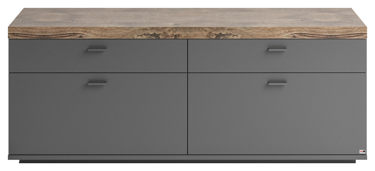 Frontansicht eines modernen TV-Lowboards mit grauen Schubladen und einer Holzoberfläche.