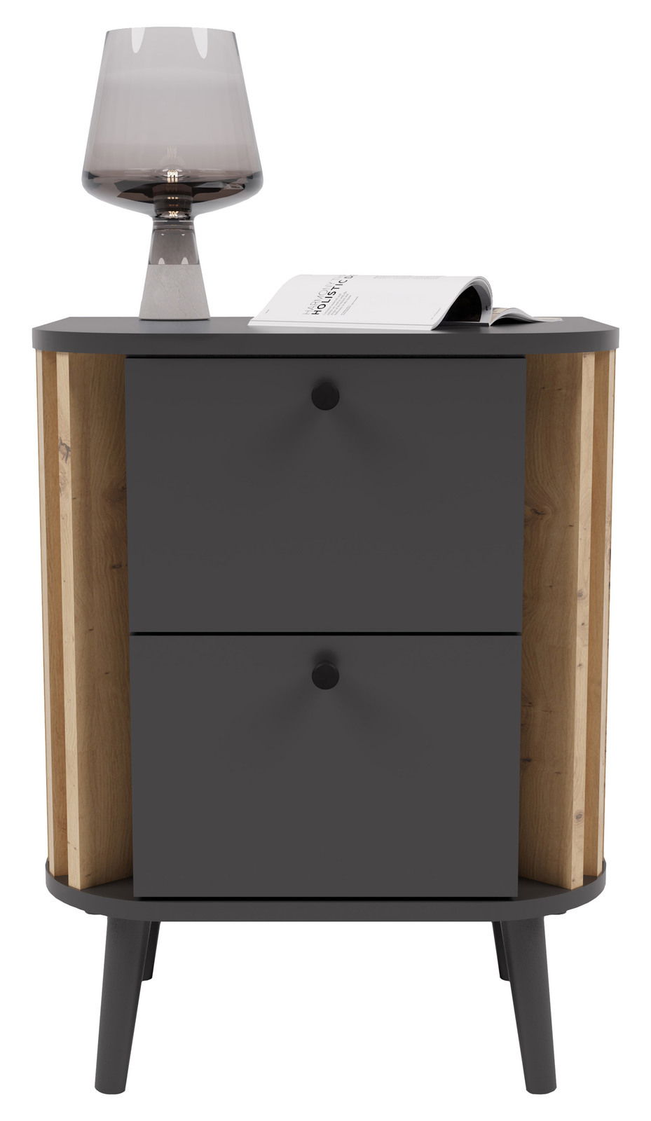 Moderne Nachtkommode mit zwei Schubladen in dunklem Holzdesign, darauf eine stilvolle Lampe und ein geöffnetes Buch, Frontalansicht.