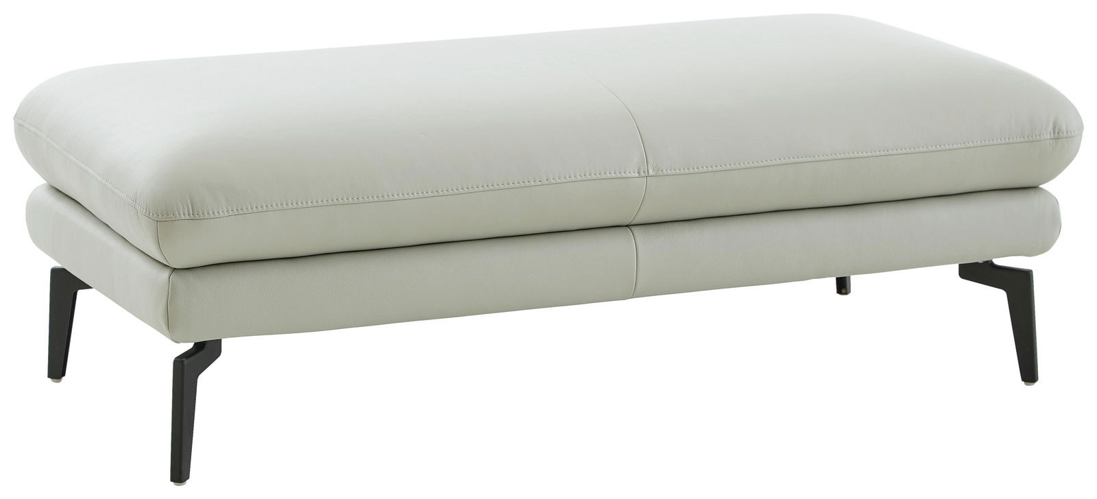 XXL-Hocker in hellgrauem Leder mit schwarzen Metallbeinen, seitliche Perspektive