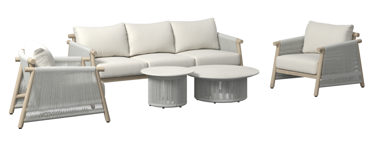 Loungegarnitur-Set bestehend aus einem dreisitzigen Sofa, zwei Sesseln und zwei runden Couchtischen in moderner, minimalistischer Optik. Perspektive: Frontalansicht.