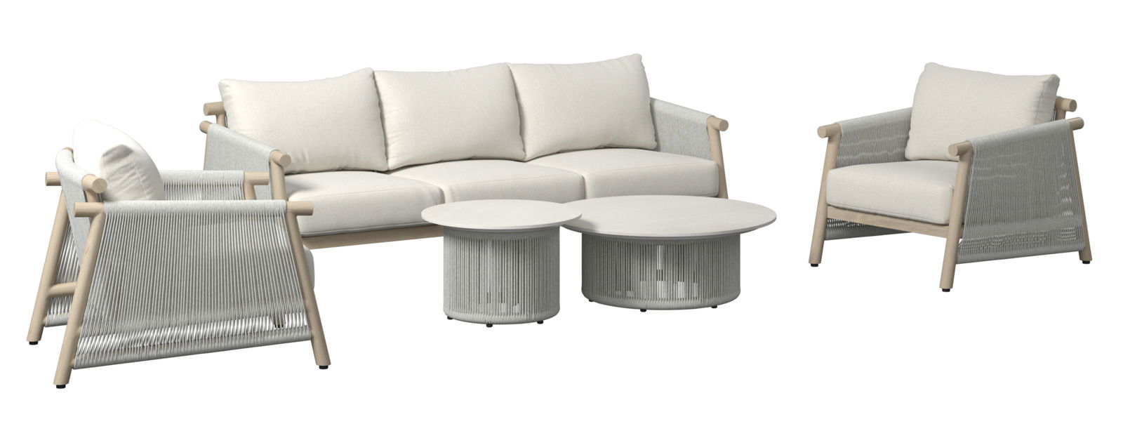 Loungegarnitur-Set bestehend aus einem dreisitzigen Sofa, zwei Sesseln und zwei runden Couchtischen in moderner, minimalistischer Optik. Perspektive: Frontalansicht.