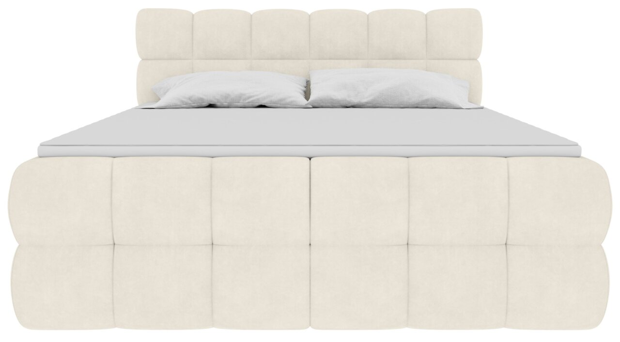 Gepolstertes Polsterbett in Creme/Beige mit gestepptem Kopfteil und Bettrahmen, frontal von vorne auf weißem Hintergrund