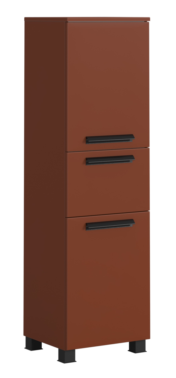 Brauner Midischrank mit drei Schubladen und schwarzen Griffen, seitliche Perspektive