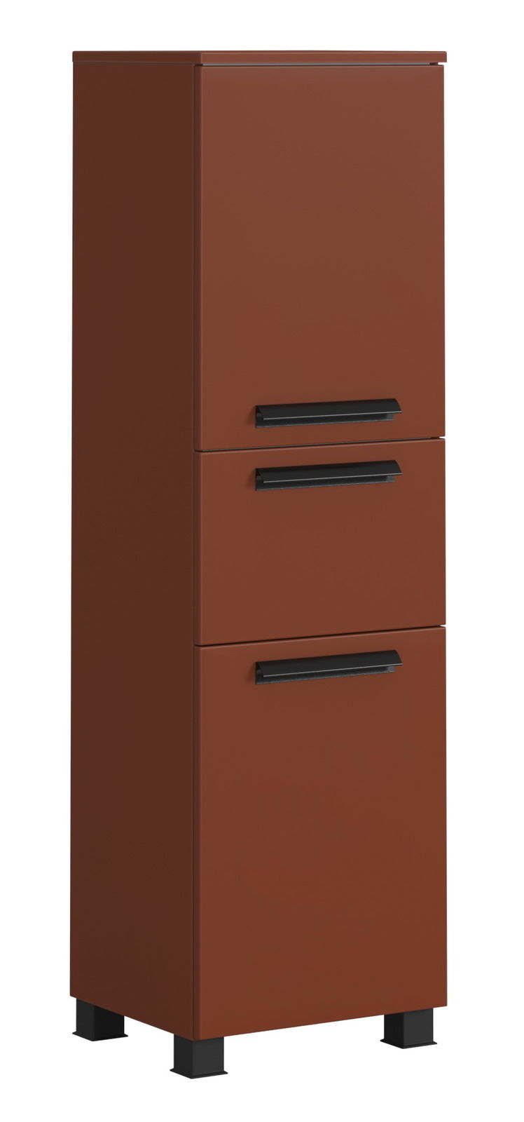 Brauner Midischrank mit drei Schubladen und schwarzen Griffen, seitliche Perspektive