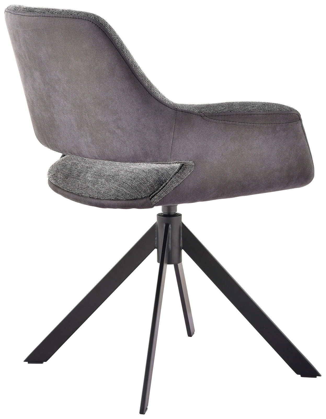 Moderner grauer Sessel mit schwarzem Metallgestell, seitliche Perspektive