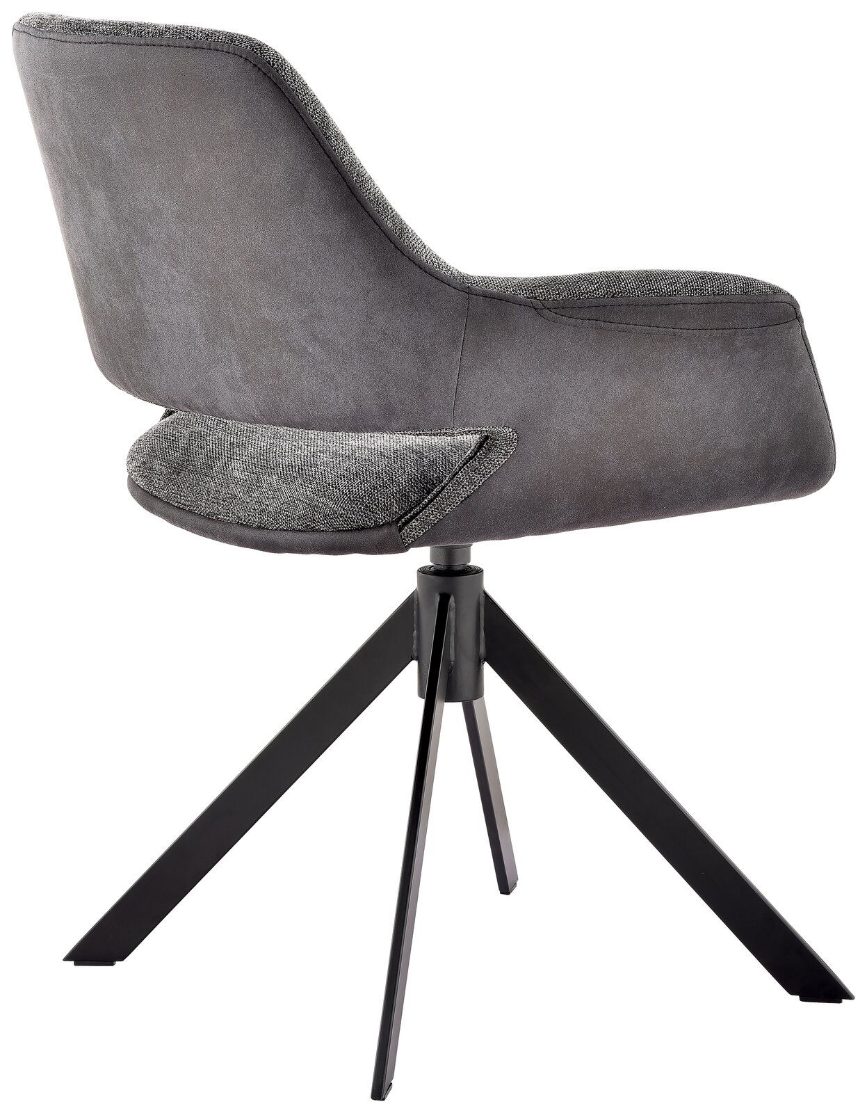 Moderner grauer Sessel mit schwarzem Metallgestell, seitliche Perspektive