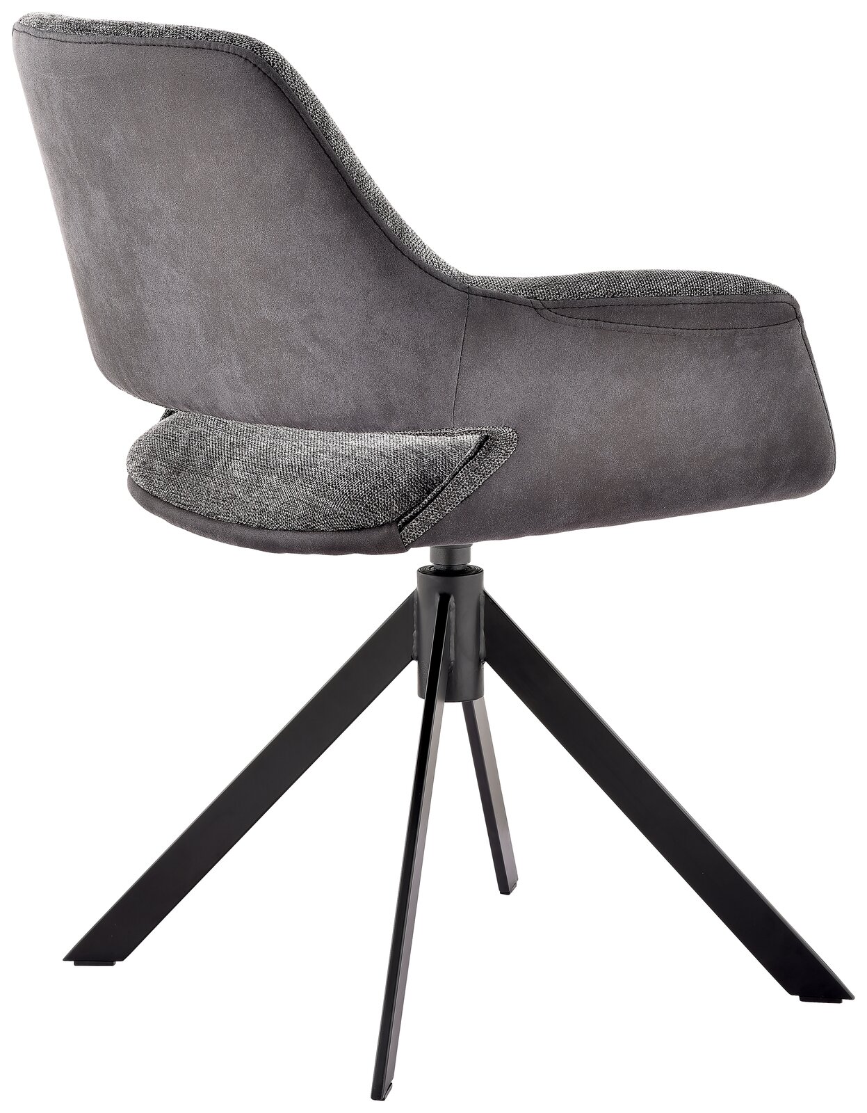 Moderner grauer Sessel mit schwarzem Metallgestell, seitliche Perspektive