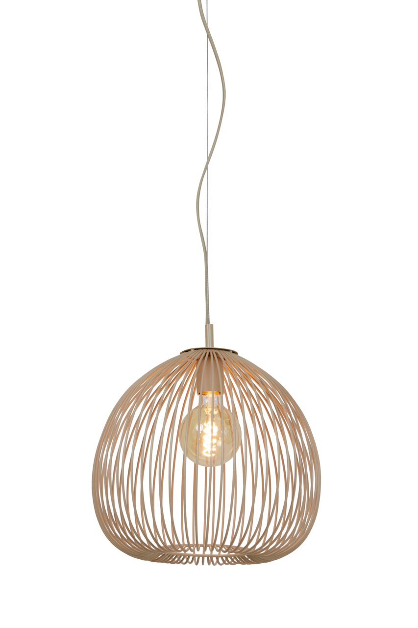 Moderne Hängeleuchte mit einem offenen, kugelförmigen Design aus Metallstreben, frontal betrachtet.