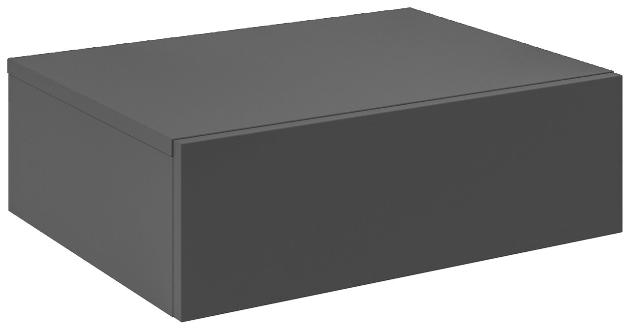 Grijze hangende console of nachtkastje in een strakke, moderne stijl, in perspectief gezien vanaf links vooraan.