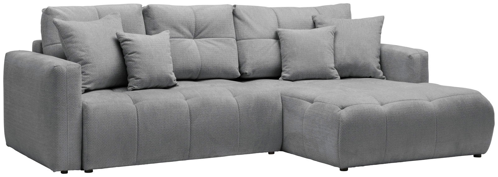 Graues Ecksofa mit mehreren Kissen, Perspektive von vorne links