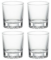 Vier Whiskybecher aus klarem Glas, frontal abgebildet, ideal für stilvollen Genuss.