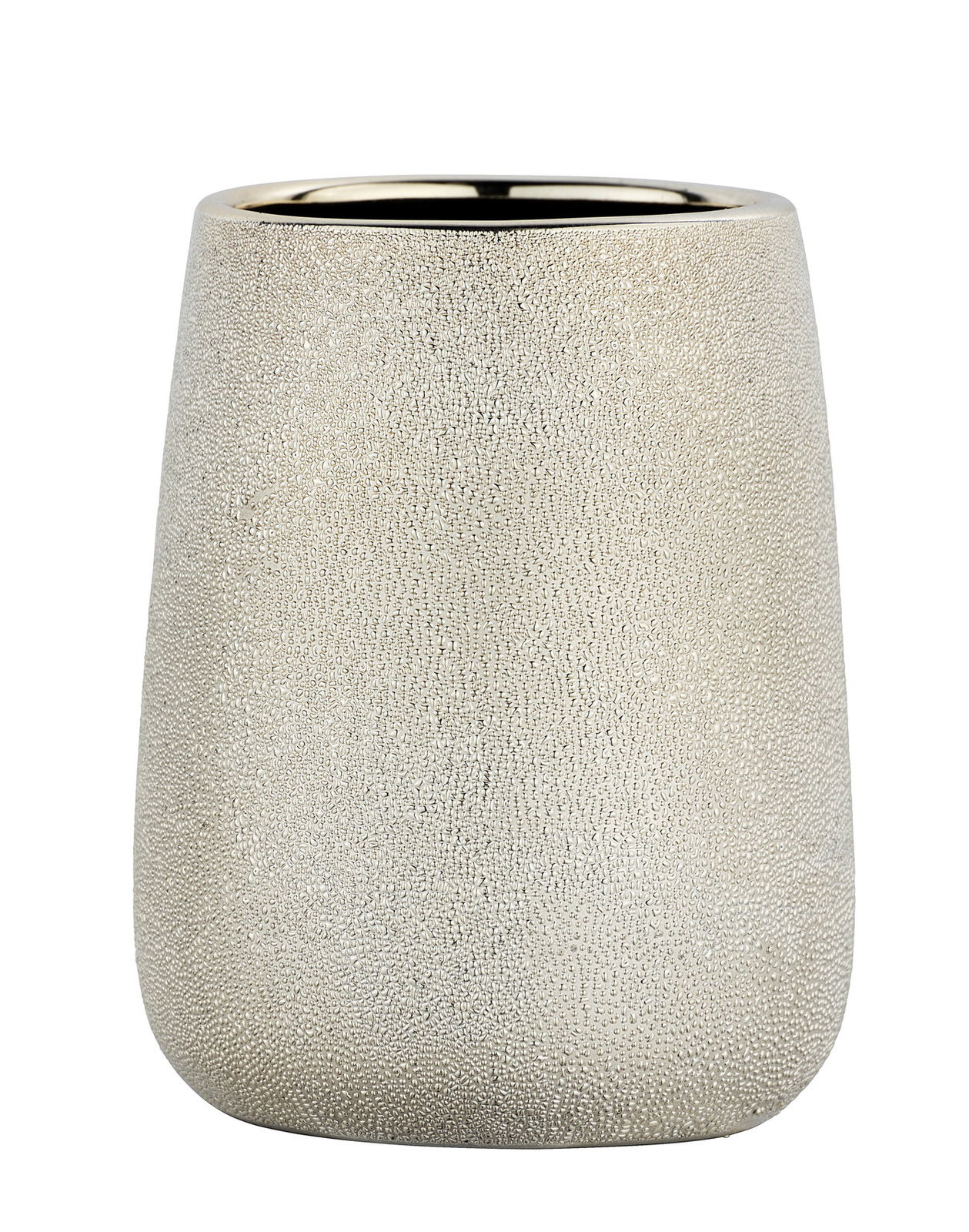 Keramik Zahnputzbecher Glimma in sandfarbener Textur, frontal fotografiert.