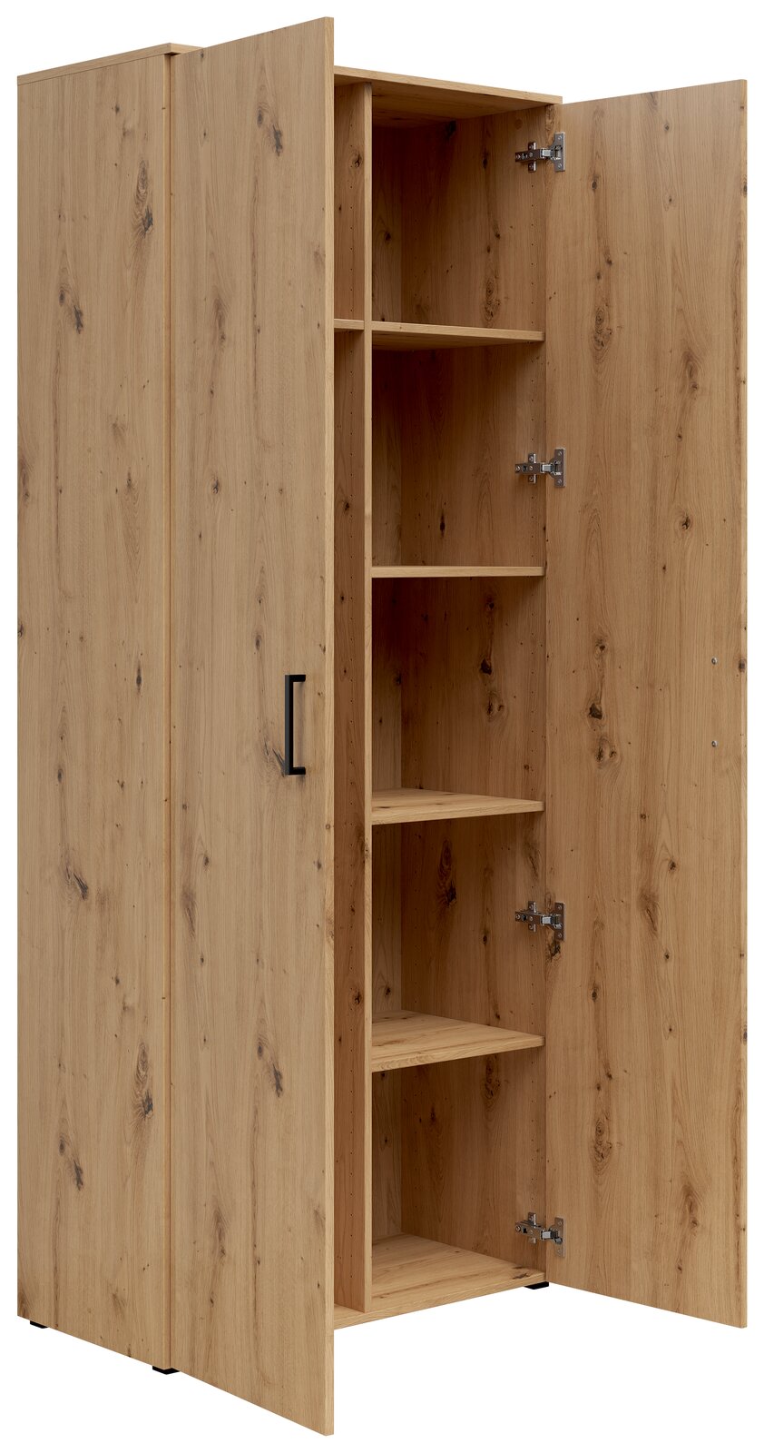 Mehrzweck-Vorratsschrank aus Holz mit geöffneter Tür, zeigt mehrere Regalböden, Perspektive von schräg vorne.