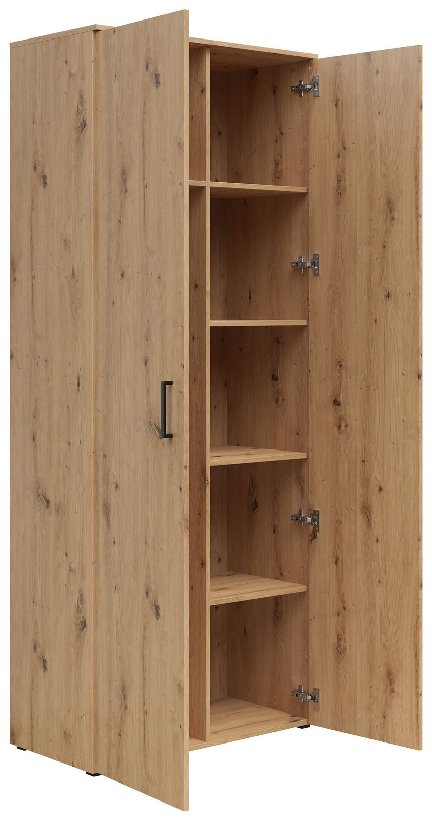 Mehrzweck-Vorratsschrank aus Holz mit geöffneter Tür, zeigt mehrere Regalböden, Perspektive von schräg vorne.