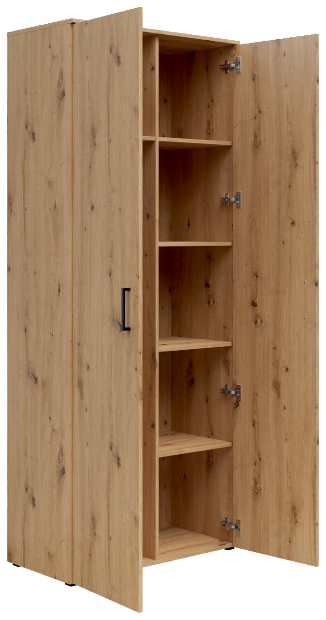 Mehrzweck-Vorratsschrank aus Holz mit geöffneter Tür, zeigt mehrere Regalböden, Perspektive von schräg vorne.