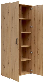 Mehrzweck-Vorratsschrank aus Holz mit geöffneter Tür, zeigt mehrere Regalböden, Perspektive von schräg vorne.