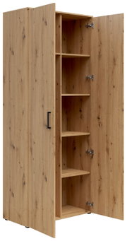 Mehrzweck-Vorratsschrank aus Holz mit geöffneter Tür, zeigt mehrere Regalböden, Perspektive von schräg vorne.