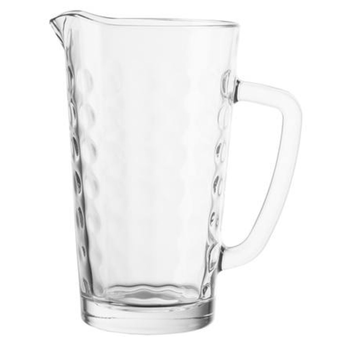 Glaskrug Optic 1L, seitliche Ansicht, transparentes Design mit strukturiertem Muster und Henkel.