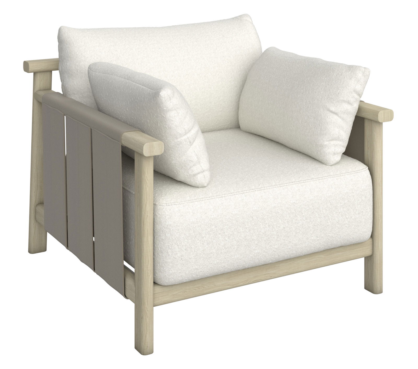 Dieter Knoll Loungestoel MARI Moderner Loungesessel mit hellem Holzrahmen und weißen Kissen, seitliche Perspektive
