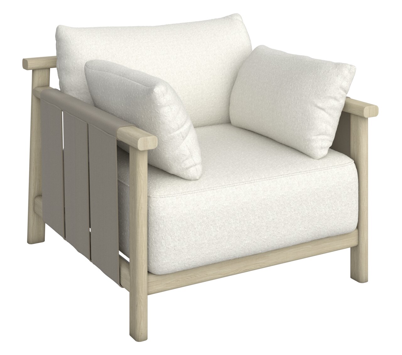 Dieter Knoll Loungesessel MARI Moderner Loungesessel mit hellem Holzrahmen und weißen Kissen, seitliche Perspektive