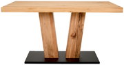 Frontansicht eines modernen Esstisches aus Holz mit zwei schrägen Beinen auf einer schwarzen Basis.