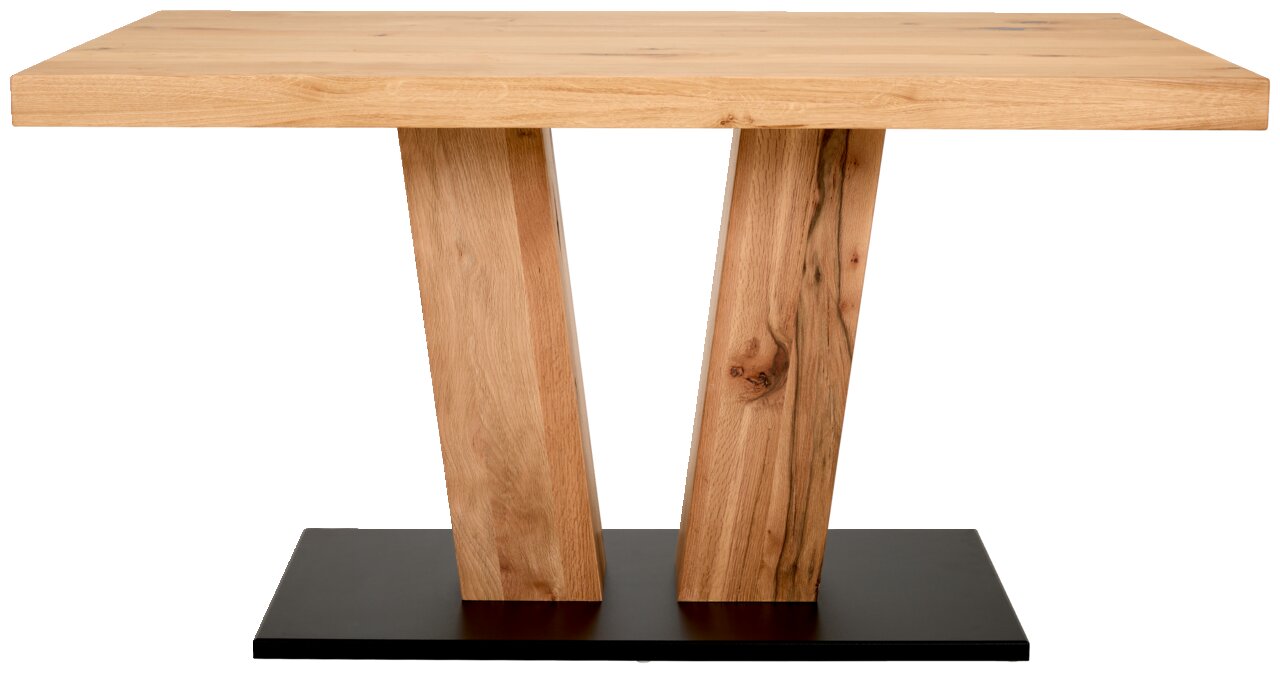 Frontansicht eines modernen Esstisches aus Holz mit zwei schrägen Beinen auf einer schwarzen Basis.