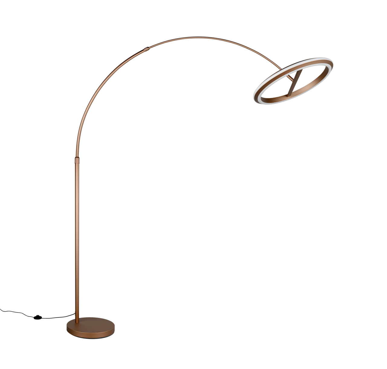 Trio Leuchten LED-Bogenleuchte AMADOR Moderne LED-Bogenleuchte in seitlicher Perspektive mit elegantem, gebogenem Design und rundem Lampenschirm.