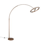 Moderne LED-Bogenleuchte in seitlicher Perspektive mit elegantem, gebogenem Design und rundem Lampenschirm.