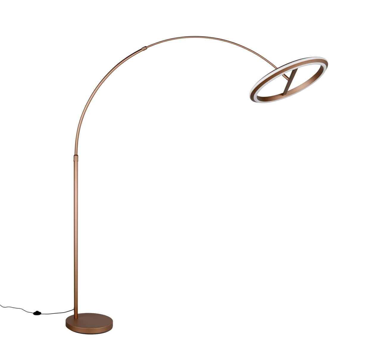 Moderne LED-Bogenleuchte in seitlicher Perspektive mit elegantem, gebogenem Design und rundem Lampenschirm.