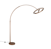 Moderne LED-Bogenleuchte in seitlicher Perspektive mit elegantem, gebogenem Design und rundem Lampenschirm.