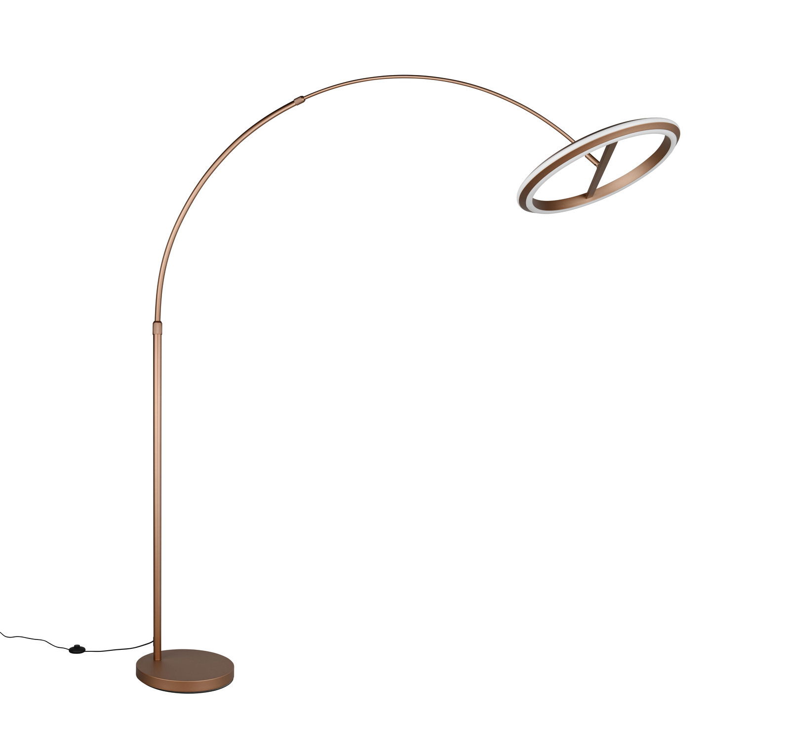 Moderne LED-Bogenleuchte in seitlicher Perspektive mit elegantem, gebogenem Design und rundem Lampenschirm.