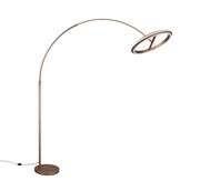 Moderne LED-Bogenleuchte in seitlicher Perspektive mit elegantem, gebogenem Design und rundem Lampenschirm.