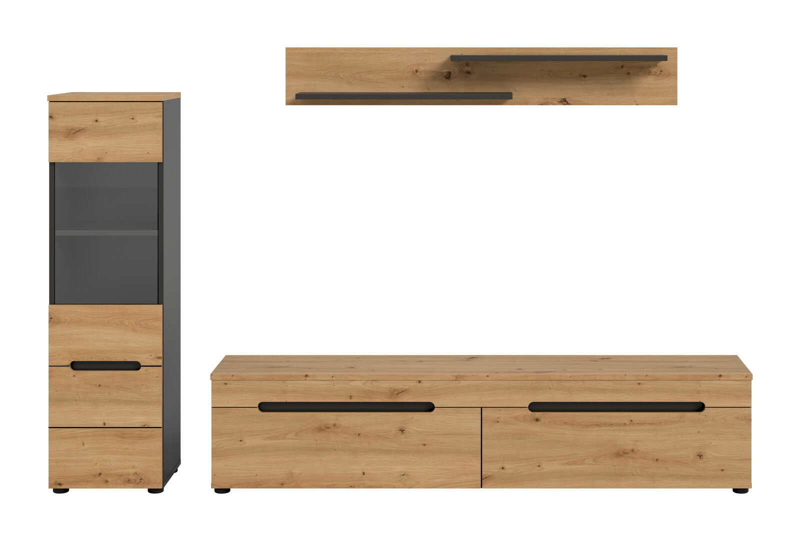 Wohnwand-Möbelset in Eiche-Optik mit schwarzen Griffleisten, bestehend aus hohem Vitrinenschrank mit Glasfront, niedrigem TV-Lowboard mit zwei Schubladen und Wandboard; Frontansicht auf weißem Hintergrund.