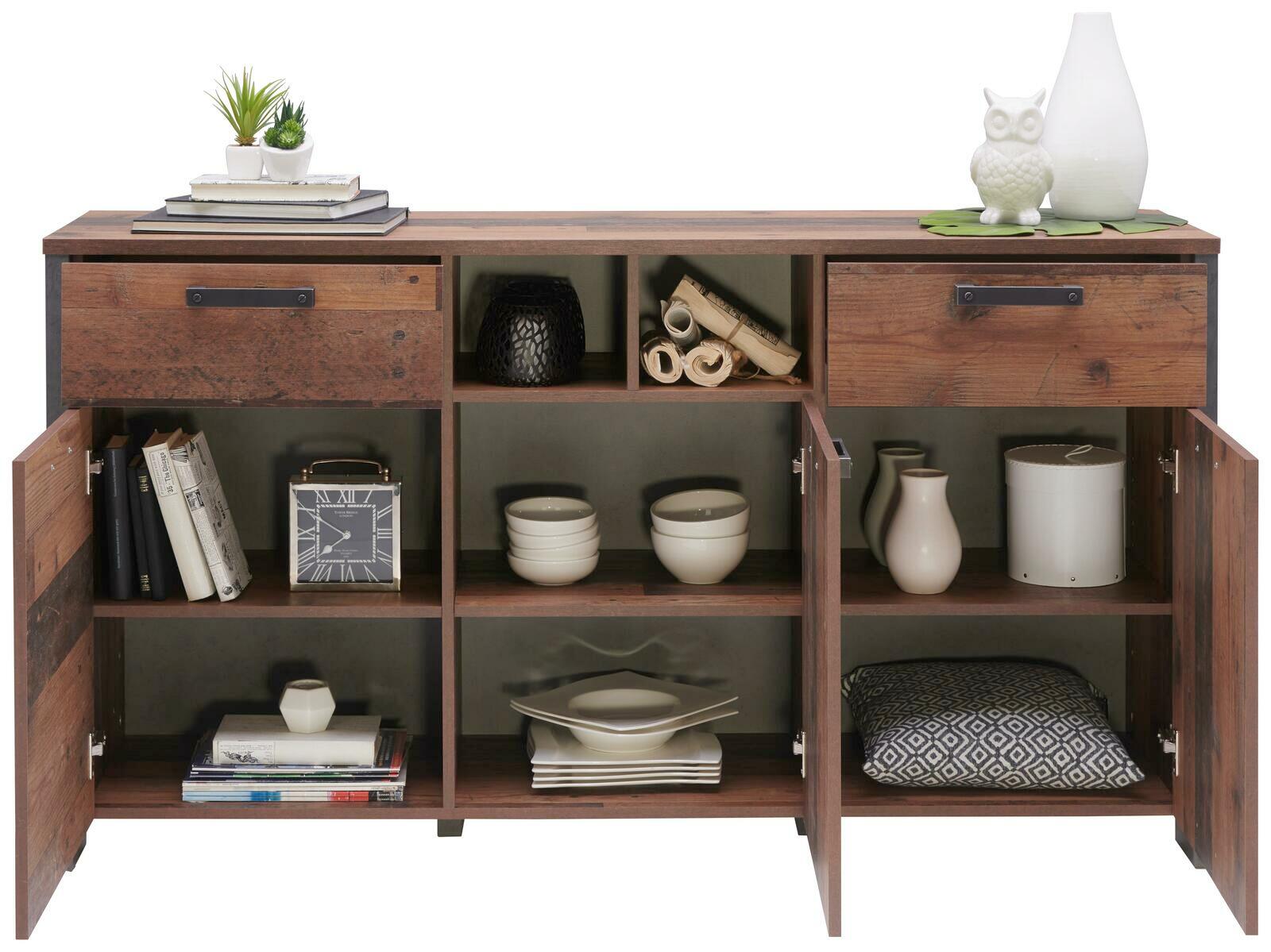 Frontale Ansicht eines rustikalen Sideboards mit offenen und geschlossenen Fächern, dekoriert mit Büchern, Geschirr und Dekorationsgegenständen.