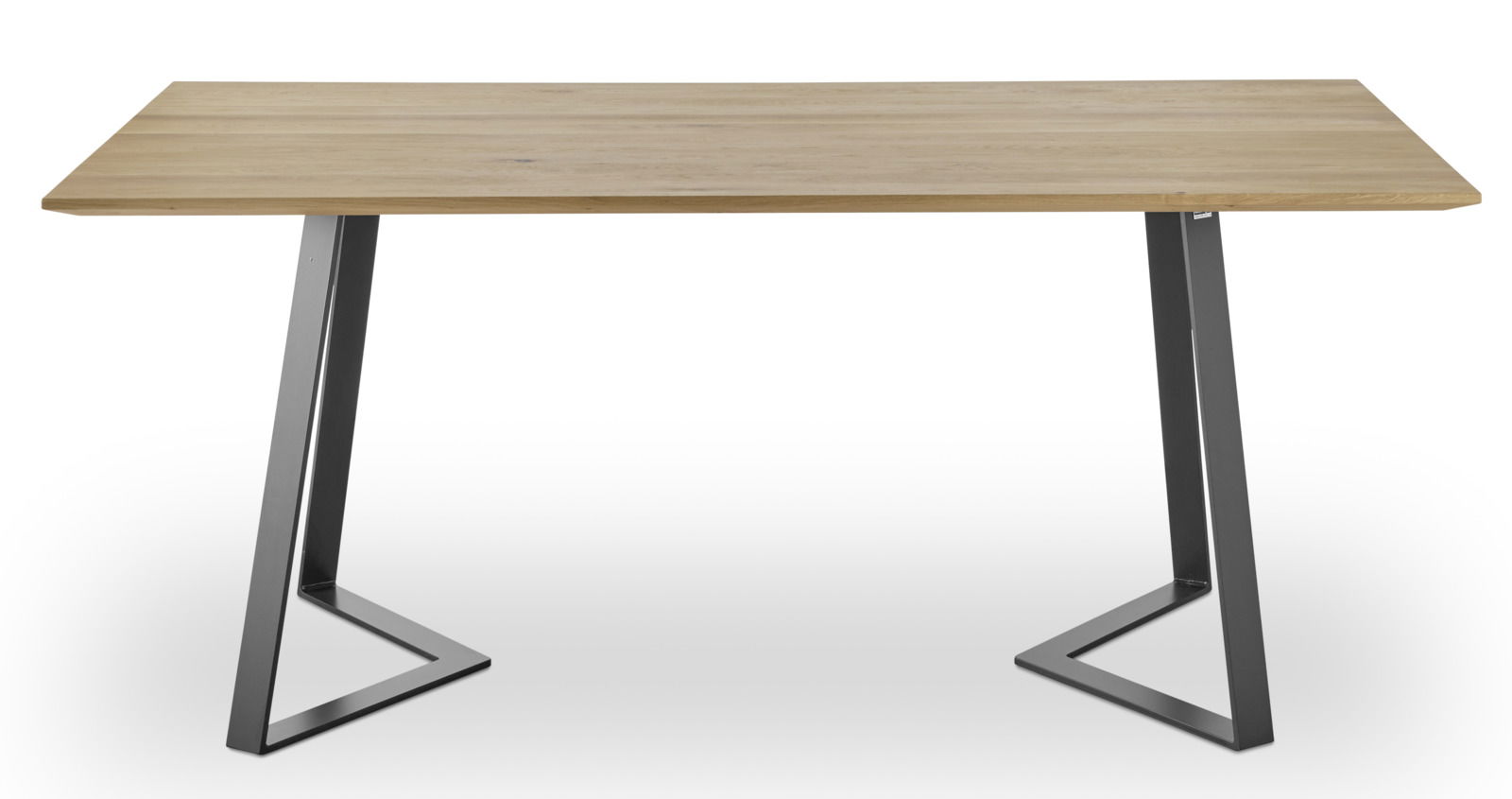 Moderner Esstisch aus Holz mit Metallbeinen, frontal betrachtet.