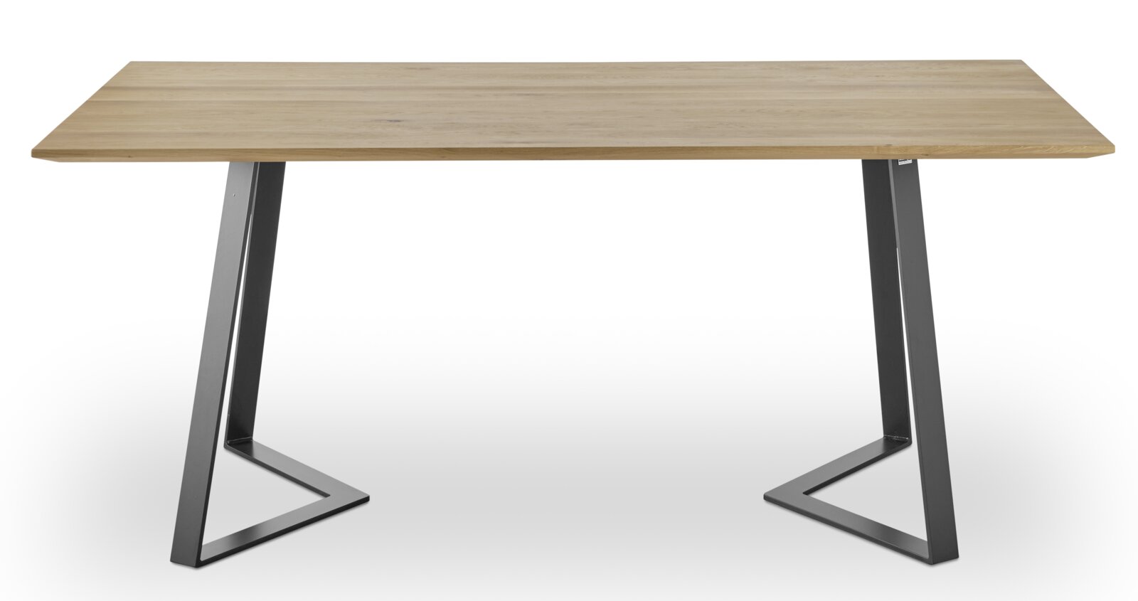 Moderner Esstisch aus Holz mit Metallbeinen, frontal betrachtet.