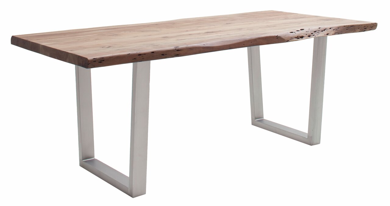 Moderner Esstisch mit natürlicher Holzplatte und Metallbeinen, seitliche Perspektive