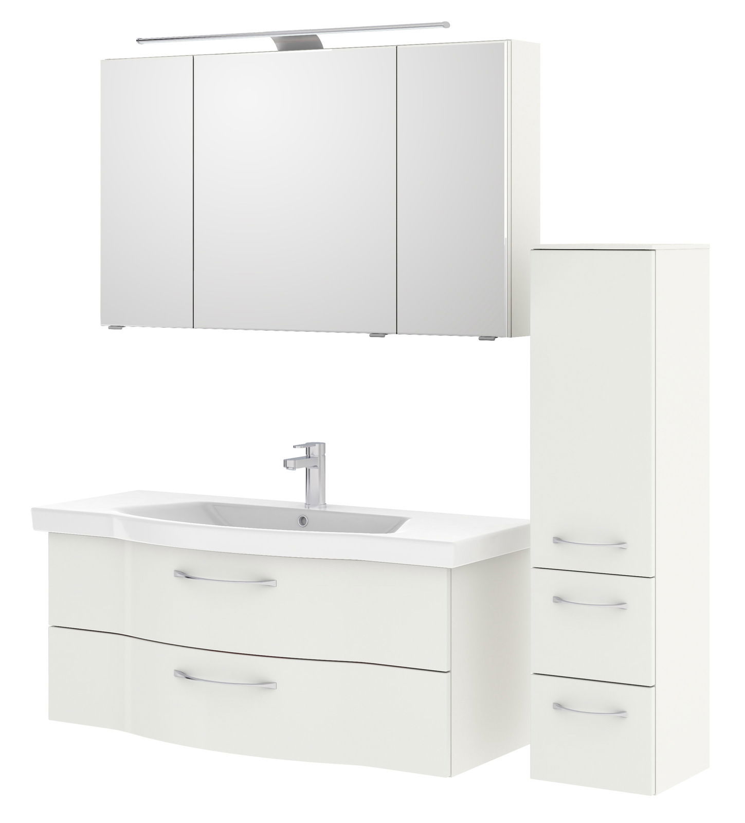 Badezimmermöbel-Set mit Spiegelschrank, Waschbeckenunterschrank und hohem Schrank, Frontalansicht