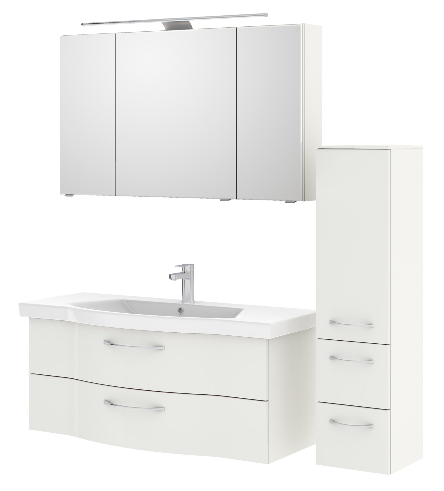 Badezimmermöbel-Set mit Spiegelschrank, Waschbeckenunterschrank und hohem Schrank, Frontalansicht