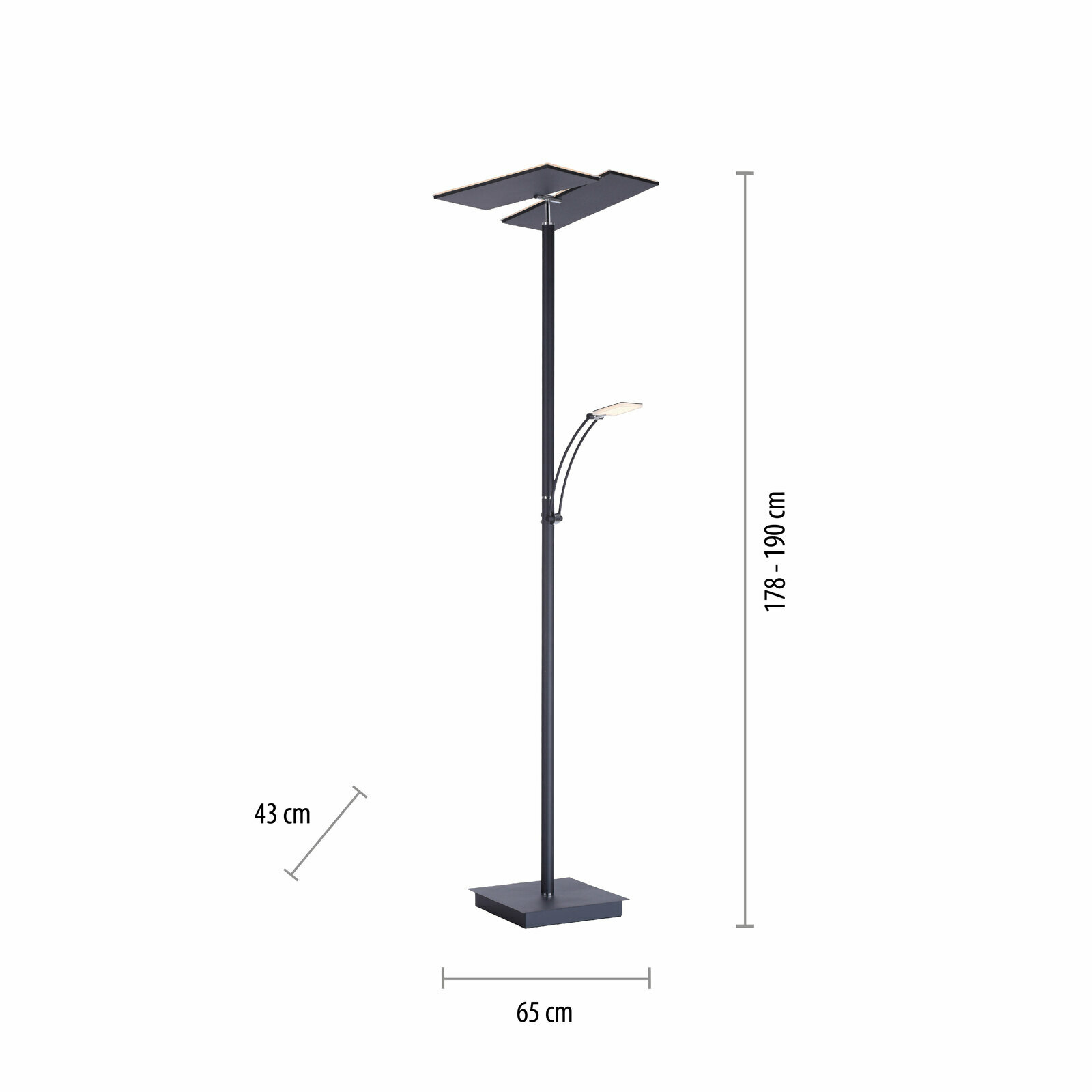 LED-Stehleuchte in schwarzem Design mit verstellbarer Höhe von 178 bis 190 cm, Seitenansicht