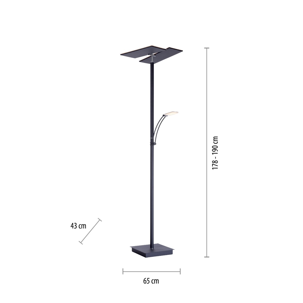 LED-Stehleuchte in schwarzem Design mit verstellbarer Höhe von 178 bis 190 cm, Seitenansicht