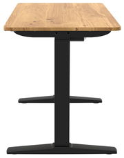 Seitenansicht eines höhenverstellbaren E-Schreibtischs mit schwarzem Metallgestell und Holzplatte.