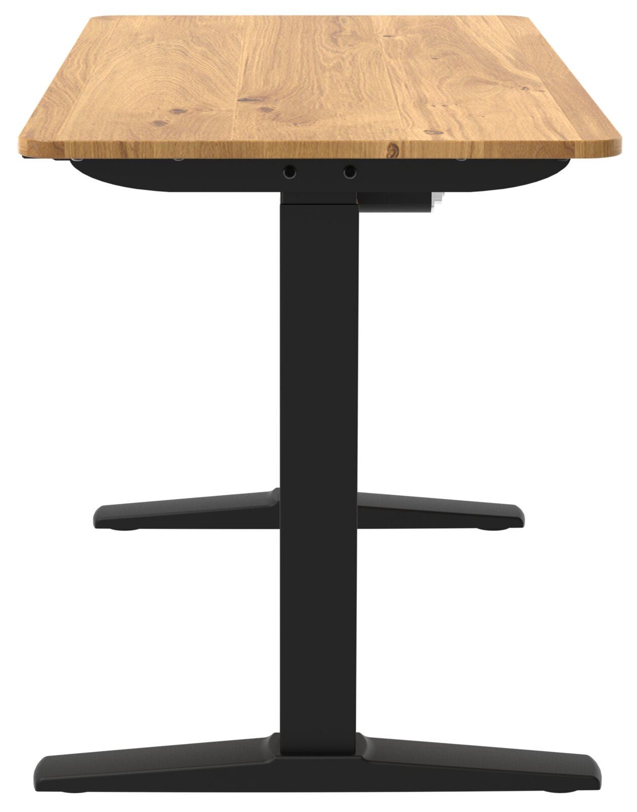 Seitenansicht eines höhenverstellbaren E-Schreibtischs mit schwarzem Metallgestell und Holzplatte.