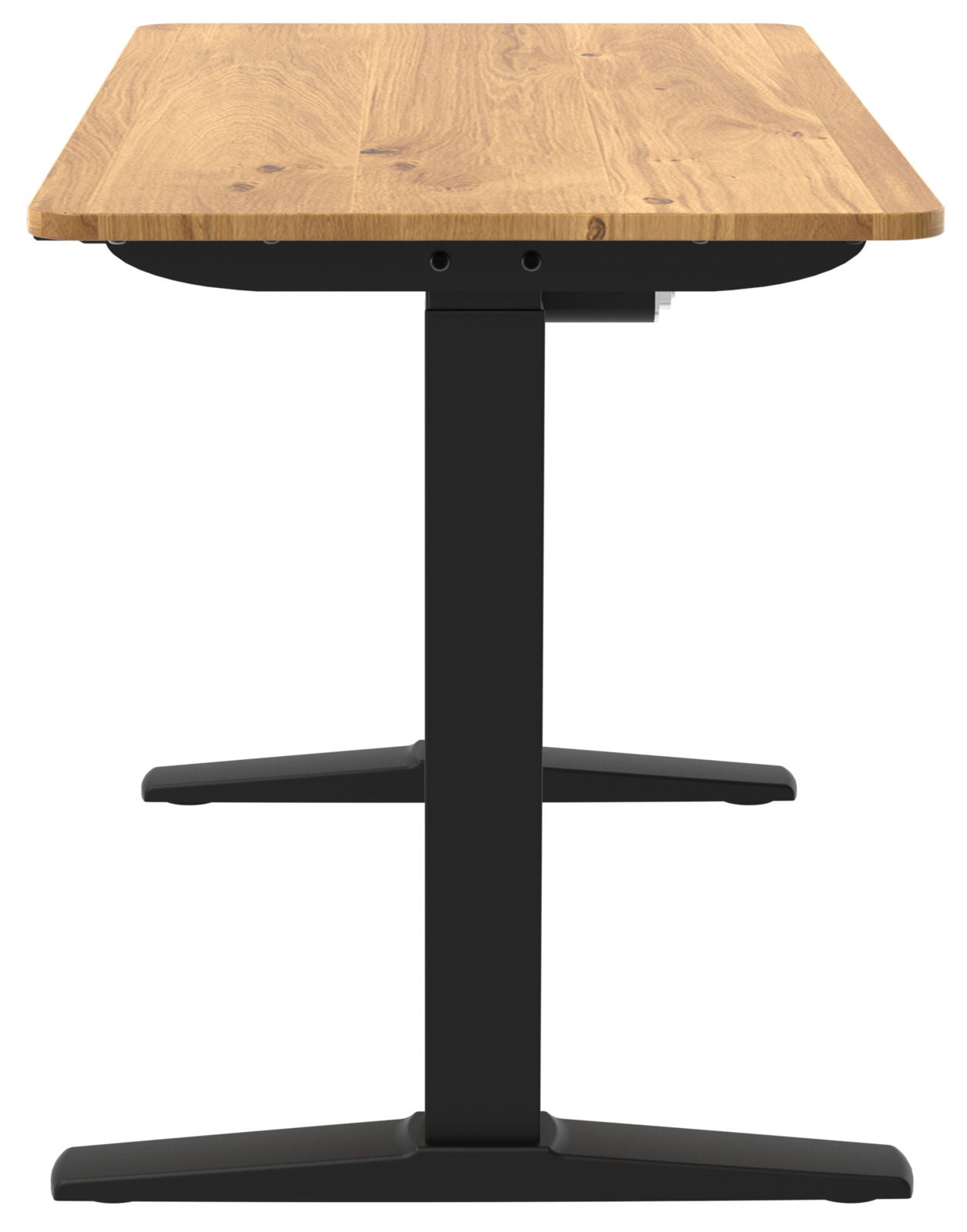 Seitenansicht eines höhenverstellbaren E-Schreibtischs mit schwarzem Metallgestell und Holzplatte.