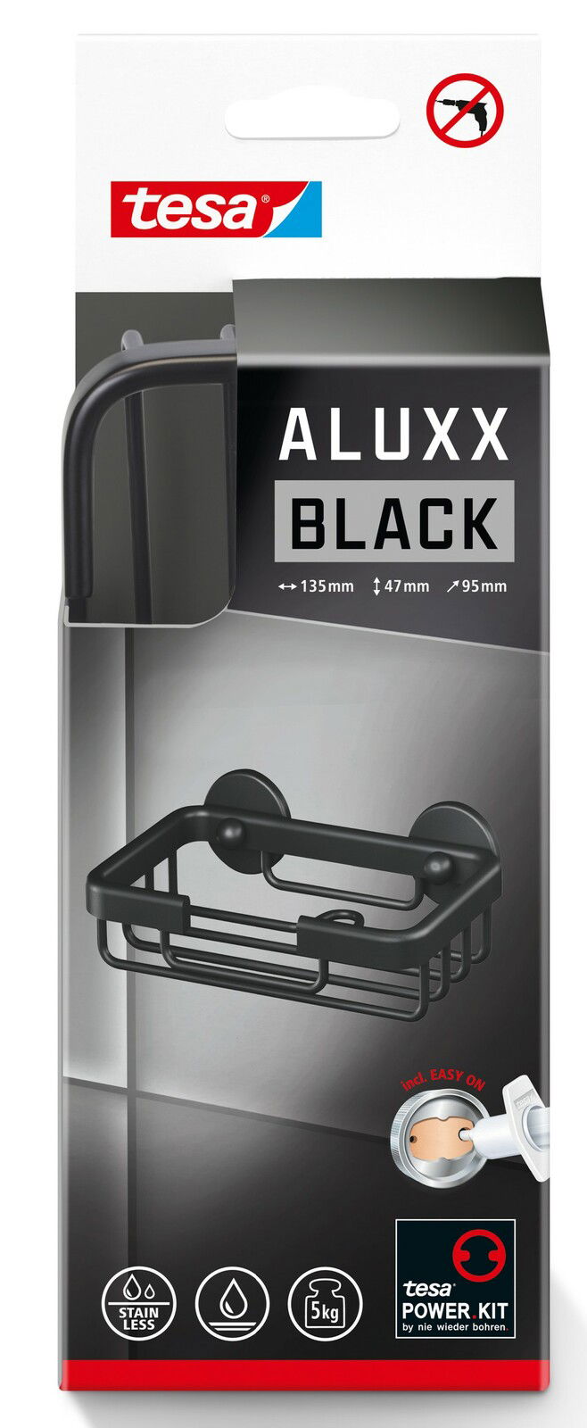 Schwarze Seifenschale von tesa ALUXX, seitliche Perspektive, einfache Montage ohne Bohren, Maße 135x47x95mm.